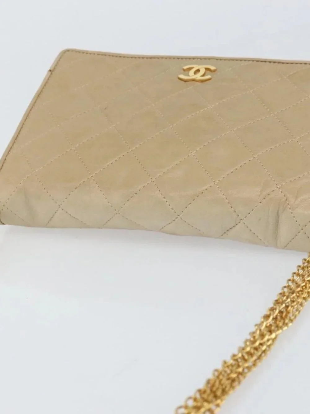 CHANEL Matelasse Chain Shoulder Bag Lamb Skin Beige Gold CC Auth bs32367